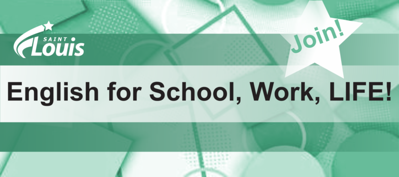 Banner with words: English for school, work, life!