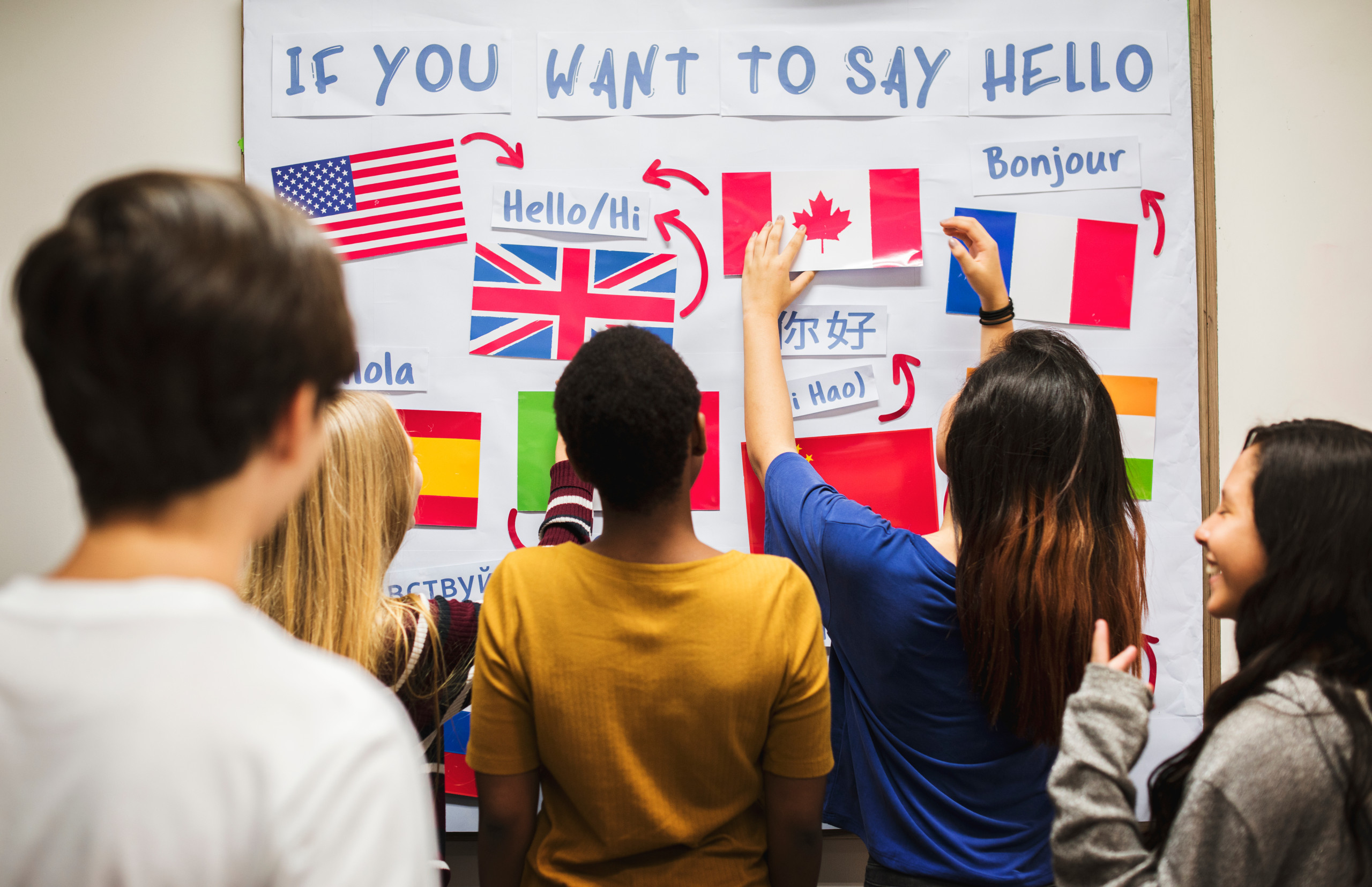 Elementary Languages Image Students attaching national flags to a whiteboard