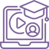 Icon of an open laptop displaying a video icon with a graduation cap