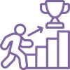 Purple coloured icon of a person reaching a trophy